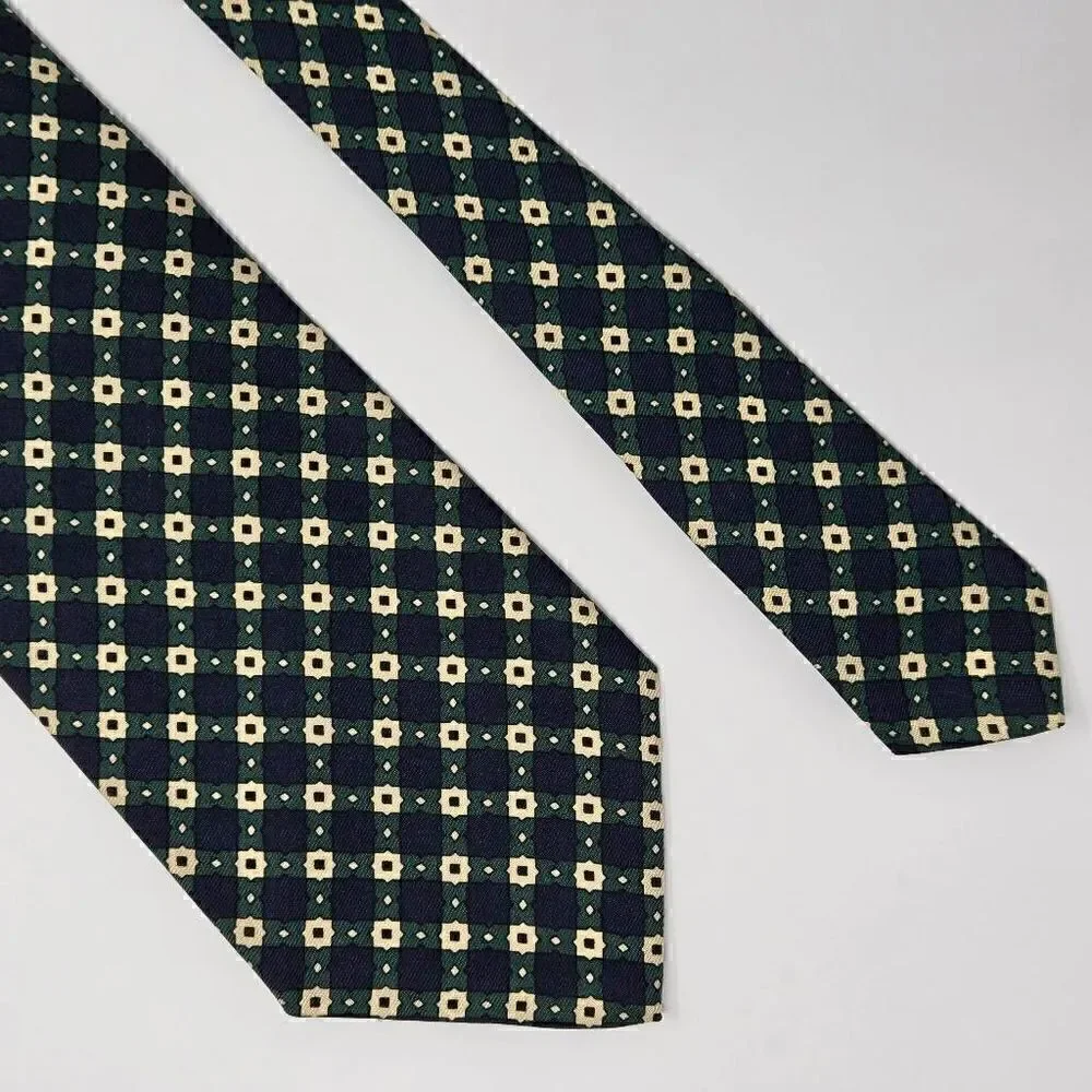 POLO RALPH LAUREN SILK TIE GREEN BLUE CREAM STARBURST PLAID SMOOTH 3.5